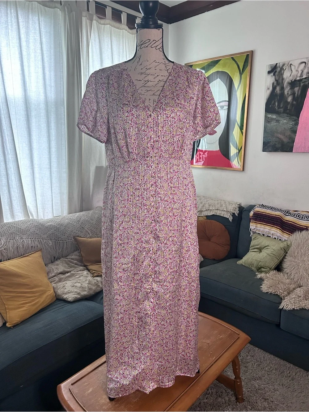 J. Crew Pink Floral Midi Dress with V-Neck